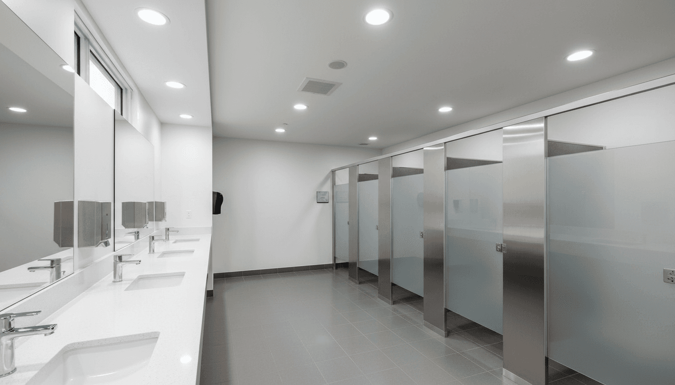 Sanitized commercial restroom with stocked supplies