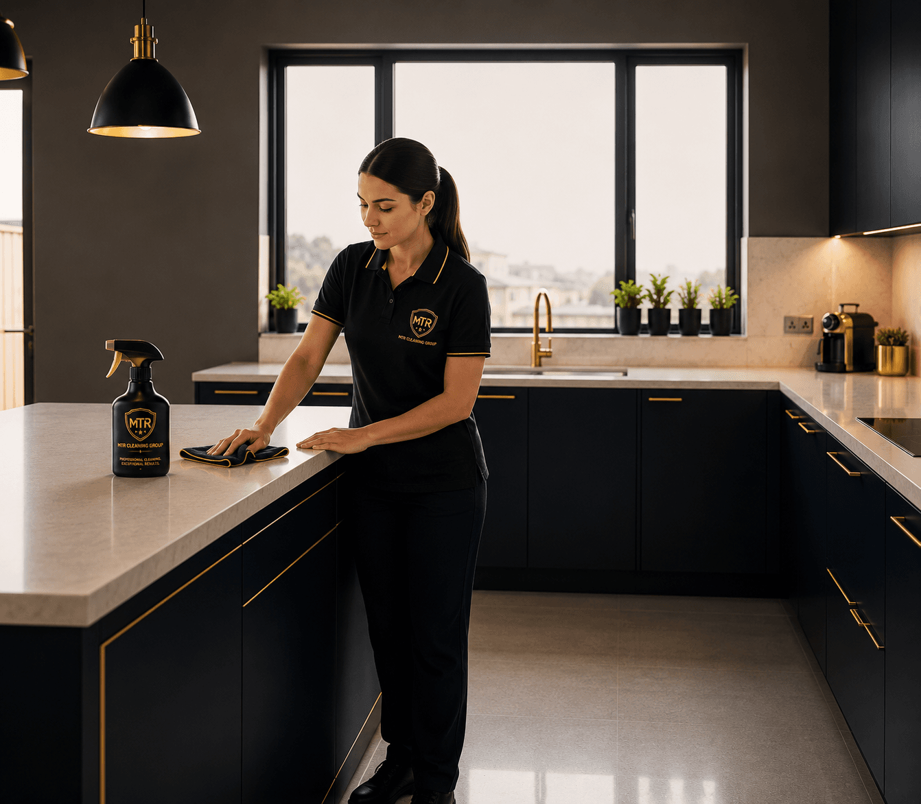 Professional cleaner in a black uniform wipes a kitchen island in a modern dark kitchen.
