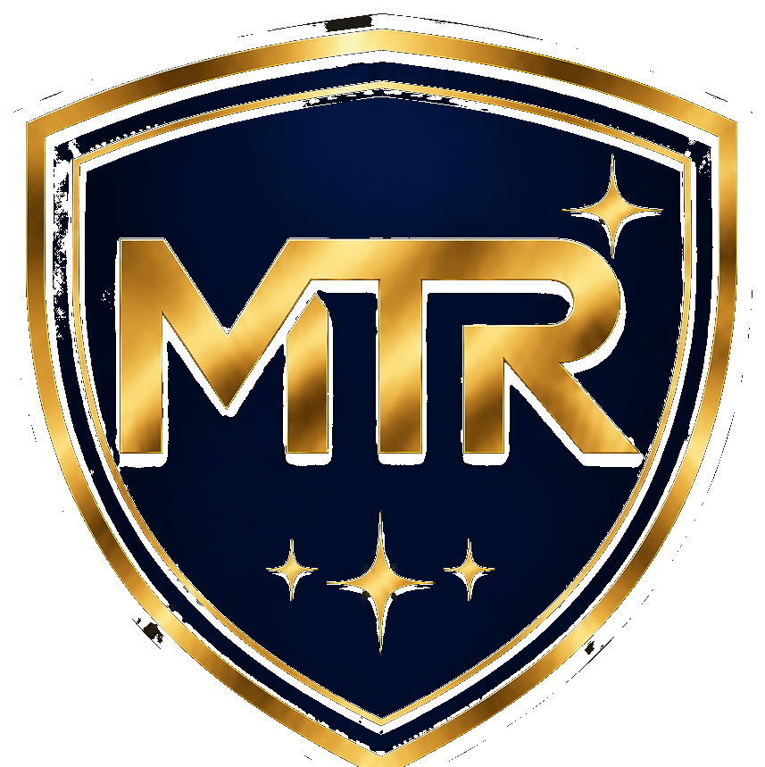 Navy blue shield with gold border, metallic gold MTR text, and four-pointed gold stars.
